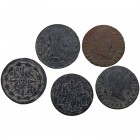 1805, 1808, 1827, 1839 y 1833. Carlos IV (1788-1808) y Fernando VII (1808-1833). Segovia. Lote de 5 monedas de 4 maravedís. Cal-1517, 1520, 1703, 1710...