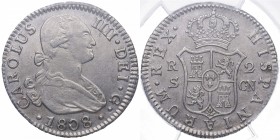 1808. Carlos IV (1788-1808). Sevilla. 2 reales. Ag. NGC AU Details. EBC. Est.200.