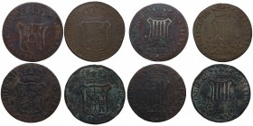 1812, 1837, 1839 y 1844. Fernando VII (1808-1833) e Isabel II (1833-1868). Lote de 4 monedas de 6 cuartos. Cu. BC a MBC-. Est.35.