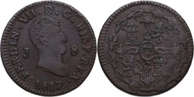 1817. Fernando VII (1808-1833). Jubia. 8 Maravedíes. C&N 43. Cu. 10,13 g. MBC+/EBC-. Est.35.
