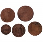 182_4 a 1857. Fernando VII a Isabel II. Lote de 5 monedas: 8 maravedís Jubia (1), 25 céntimos 1856 (1), 10 céntimos 1857 (1) y extranjeras (2). MC a B...