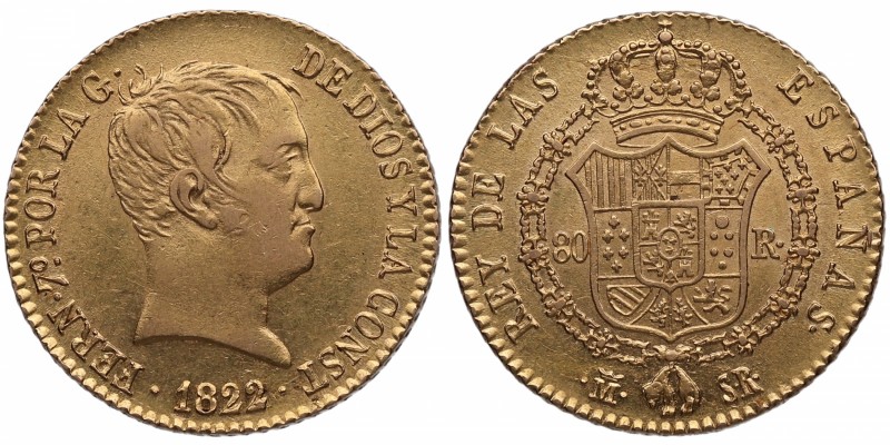 1822. Fernando VII (1808-1833). Madrid. 80 reales. SR. Au. Atractiva. Brillo ori...