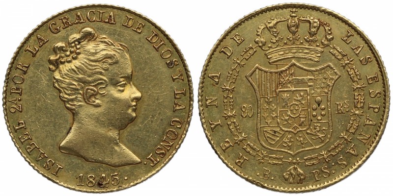 1845. Isabel II (1833-1868). Barcelona. 80 reales. PS. Au. Atractiva. Brillo ori...