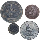 1870. I República. Barcelona. Lote de 4 monedas: 1, 2, 5 y 10 céntimos. OM. A&C 422 a 28. Cu. MBC. Est.20.