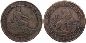 1870. Gobierno Provisional. 10 céntimos. 10,21 g. Falsa de época. MBC-. Est.18.