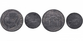 1870 y 1885. Gobierno Provisional y Alfonso XII. Lote de dos monedas: 1 y 5 pesetas. Calamina. Falsas de época. MBC-. Est.12.
