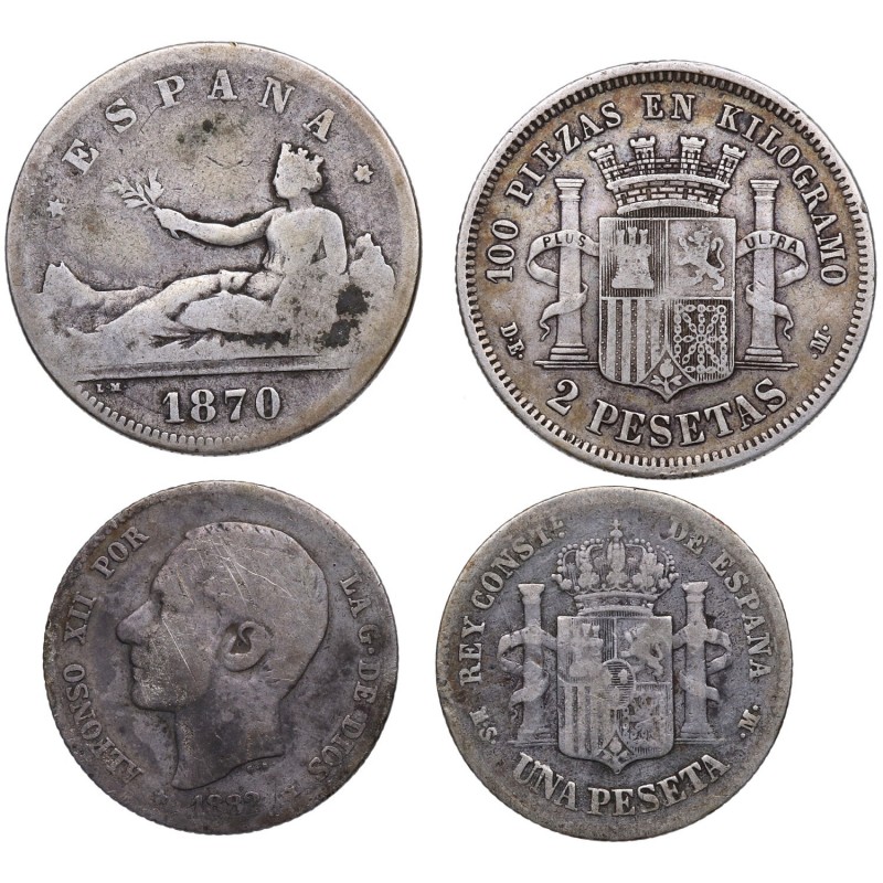 1870. I República. Madrid. Lote de 4 monedas: 2 pesetas 1870 (2) y peseta Alfons...