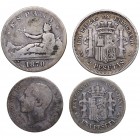 1870. I República. Madrid. Lote de 4 monedas: 2 pesetas 1870 (2) y peseta Alfonso XII (2). Ag. BC a MBC. Est.30.