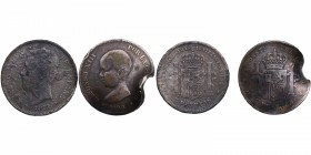 1871. Amadeo I (1871-1873). Madrid. Lote de dos monedas: 5 pesetas Amadeo I (1) y Alfonso XIII (1). Ag. Una con oxidaciones, ¿marinas? Otra doblada. B...