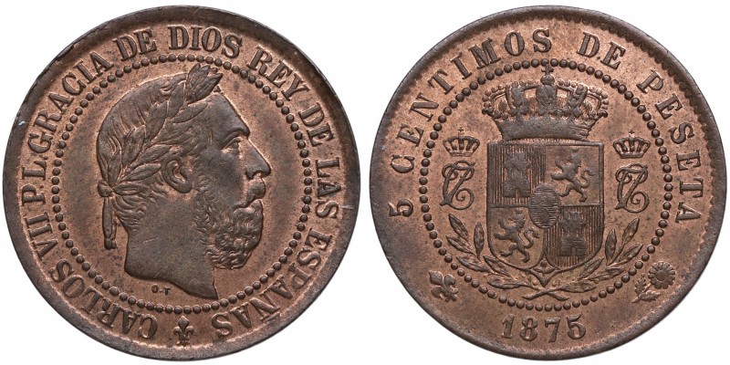 1875. Carlos VII. Oñate. 5 céntimos. Ae. Atractiva. Brillo original. EBC. Est.11...