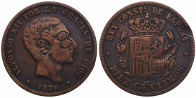1877 contramarca 98. Alfonso XII (1874-1885). 10 céntimos. Cu. MBC. Est.40.