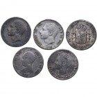 1883, 1891 y 1900. Alfonso XII (1874-1885) y Alfonso XIII (1886-1931). Lote de cinco monedas: 1 peseta. Calamina. Falsas de época. Est.36.