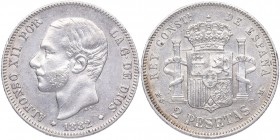 1882. Alfonso XII (1874-1885). Estrellas anepígrafas. 2 pesetas. Cal 52. Ag. 9,97 g. MBC+/EBC. Est.45.