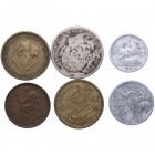 Alfonso XII, República y Franco. Alfonso XII (1874-1885). Lote de 6 monedas: 2 Pesetas de 1882, 5 Centimos de 1941, 10 Centimos de 1945, 50 Centimos d...