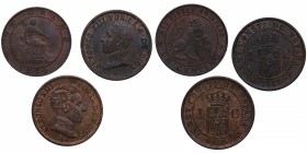 1870, 1906 y 1913. Alfonso XIII (1886-1931). Lote de tres monedas: 1 céntimo. SLV y PCV. Cu. MBC- a EBC-. Est.10.