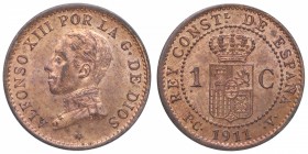 1911*11. Alfonso XIII (1886-1931). Madrid PCV. 1 Céntimo. Cy 17575. Cu . 1,02 g. Escasa así. Bellísima. SC. Est.140.