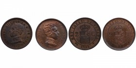 1904 y 1912. Alfonso XIII (1886-1931). Lote de dos monedas: 2 céntimos. SMV y PCV. Cu. EBC- y EBC. Est.10.