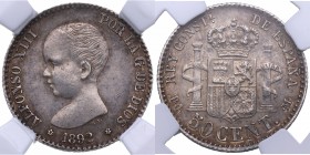 1892*18*92. Alfonso XIII (1886-1931). Madrid. 50 céntimos. Ag. Certificada por NN COINS 2762878-002 como AU 58. Est.60.