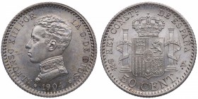 1904*04. Alfonso XIII (1886-1931). Madrid. 50 céntimos. A&C 227. Ag. Muy bella. Preciosa pátina. SC/ FDC. Est.40.