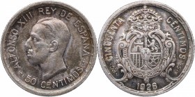 1926. Alfonso XIII (1886-1931). Madrid. 50 céntimos. PCS. CY 12. Ag. 2,48 g. Bonito color. EBC+. Est.20.