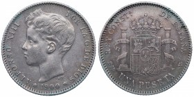 1900*00. Alfonso XIII (1886-1931). Madrid. 1 peseta. SMV. A&C 432. Ag. Ligeras marquitas. Bonita pátina. EBC-. Est.30.