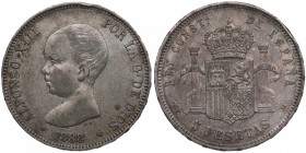 1888*88. Alfonso XIII (1886-1931). Madrid. 5 pesetas. MPM. Ag. Golpecito en canto. MBC+. Est.40.