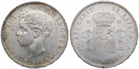 1898*98. Alfonso XIII (1886-1931). Madrid. 5 pesetas. DEM. A&C 432. Ag. Ligeras marquitas. Bonita pátina. EBC. Est.70.