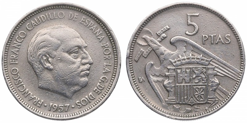 1957. Franco (1939-1975). Madrid. 5 pesetas. Cu-Ni. I Exposición Iberoamericana ...