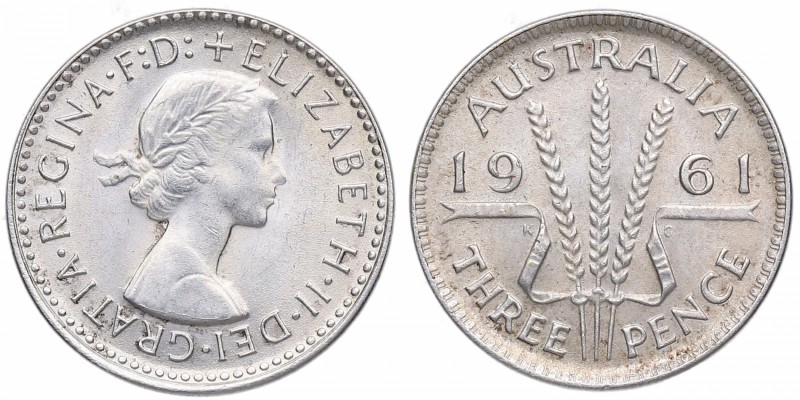1961 (m). Australia. 3 Pence. KM 57. Ag. 1,42 g. SC. Est.10.