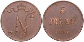 1916. Finlandia. 5 Pennia. Ae. 6,42 g. SC. Est.30.