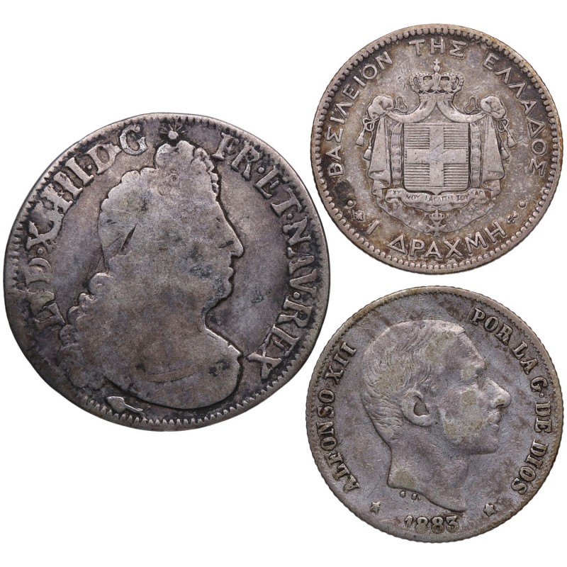 170_. Francia. Lote de 3 monedas: Francia (1 écu), Grecia (1 dracma) y España (2...