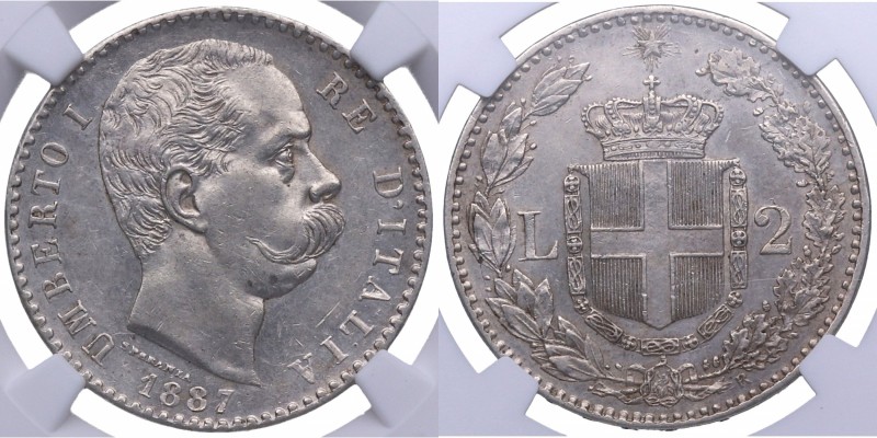 1887. Italia. 2 liras. KM 23. Ag. UNC details. NGC 4706274-013. SC. Est.120.