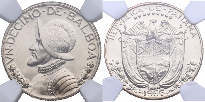 1966. Panamá. 1/10 B. Cu-Ni. Encapsulada en NGC en PF 68 CAMEO. PROOF. Est.30.