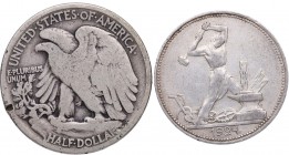 1924 y 1919. Rusia y Estados Unidos. Lote de dos monedas: 50 Kopek y 1/2 Dólar. Y 89.1 y KM 142. Ag. BC+ a MBC. Est.40.