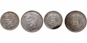 1965. Venezuela. Lote de dos monedas: 1 y 2 bolívares. YA 37. Ag. SC. Est.12.