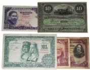 1896 a 1957. Billetes Españoles. Lote de 5 billetes: 50 pesetas (dos), 25 pesetas (uno), 1000 pesetas (uno) y 10 pesos (uno). BC a MBC+. Est.15.
