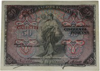 24 de septiembre de 1906. Alfonso XIII (1886-1931). 50 pesetas. Ed. B99a. Serie C. Escaso. Agujeros de grapa. MBC+. Est.90.
