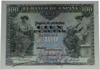 1906. Alfonso XIII (1886-1931). Alegorías. 100 pesetas. Serie B. Planchado. Doblez central casi imperceptible. EBC. Est.150.