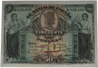 1907. Alfonso XIII (1886-1931). Alegorías. 50 pesetas. Lavado y planchado. Doblez en cruz imperceptible. MBC. Est.125.