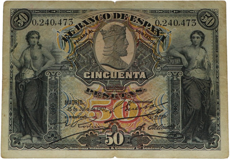 15 de julio de 1907. Alfonso XIII (1886-1931). 50 pesetas. Ed. B103. Sin serie. ...