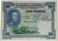 1925. Alfonso XIII (1886-1931). 100 pesetas. Sin serie y sello seco Gobierno Provisional. Muy raro. EBC-. Est.60.