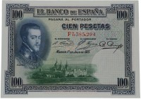 1925 (ND 1936). II República (1931-1939). Madrid. 100 pesetas. Impreso en calcografía y litografía por Bradbury, Wilkinson and Company. SC. Est.20.