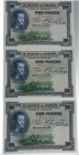 1925. II República (1931-1939). Felipe II / El Escorial. Trío correlativo: 100 pesetas. Ed-245. Bellísimos. Todo el apresto original. SC. Est.45.