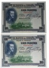 1925. II República (1931-1939). Serie F. Pareja de 100 pesetas. Doblez central. Apresto original. EBC+. Est.15.