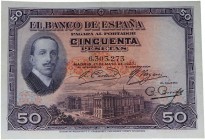 1927. II República (1931-1939). 50 pesetas. Sin serie. Sello seco Gobierno Provisional. EBC. Est.180.