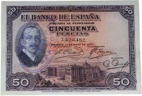 1927. II República (1931-1939). 50 pesetas. Sin serie. Sello de la República. EBC+. Est.140.