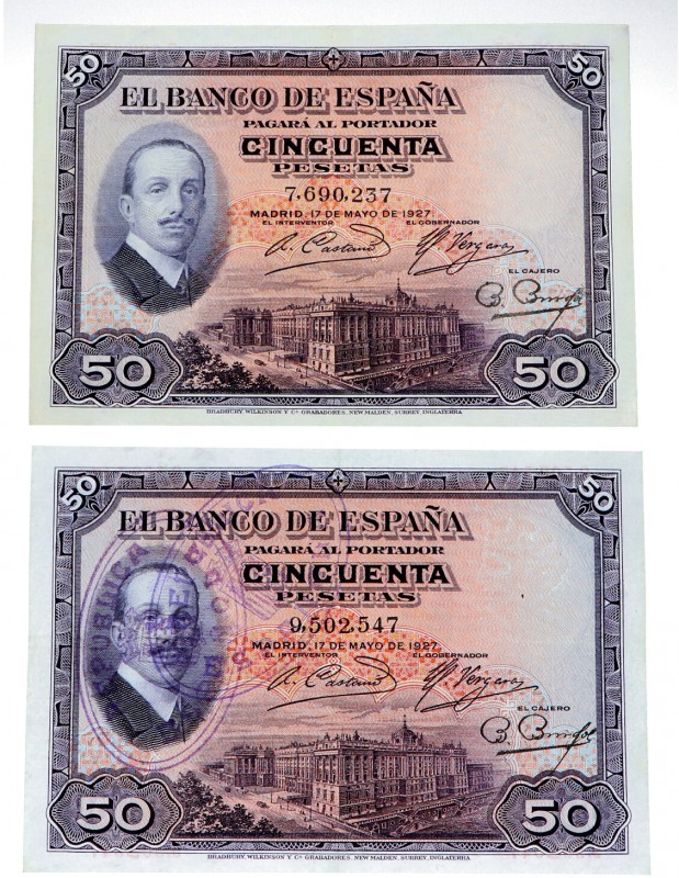 1927. II República (1931-1939). Lote de 2 billetes de 50 pesetas. Sello de la Re...