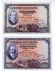 1927. II República (1931-1939). Lote de 2 billetes de 50 pesetas. Sello de la República y sin serie. . EBC. Est.180.