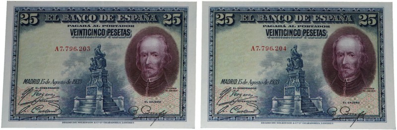 1928. II República (1931-1939). Serie A. Pareja de 25 pesetas. Doblez central. A...