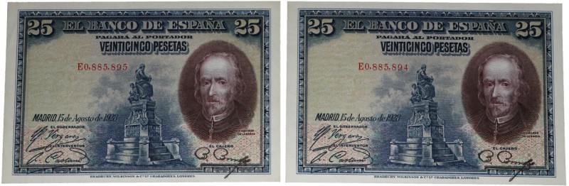 1928. II República (1931-1939). Serie A. Pareja de 25 pesetas. Doblez central. T...